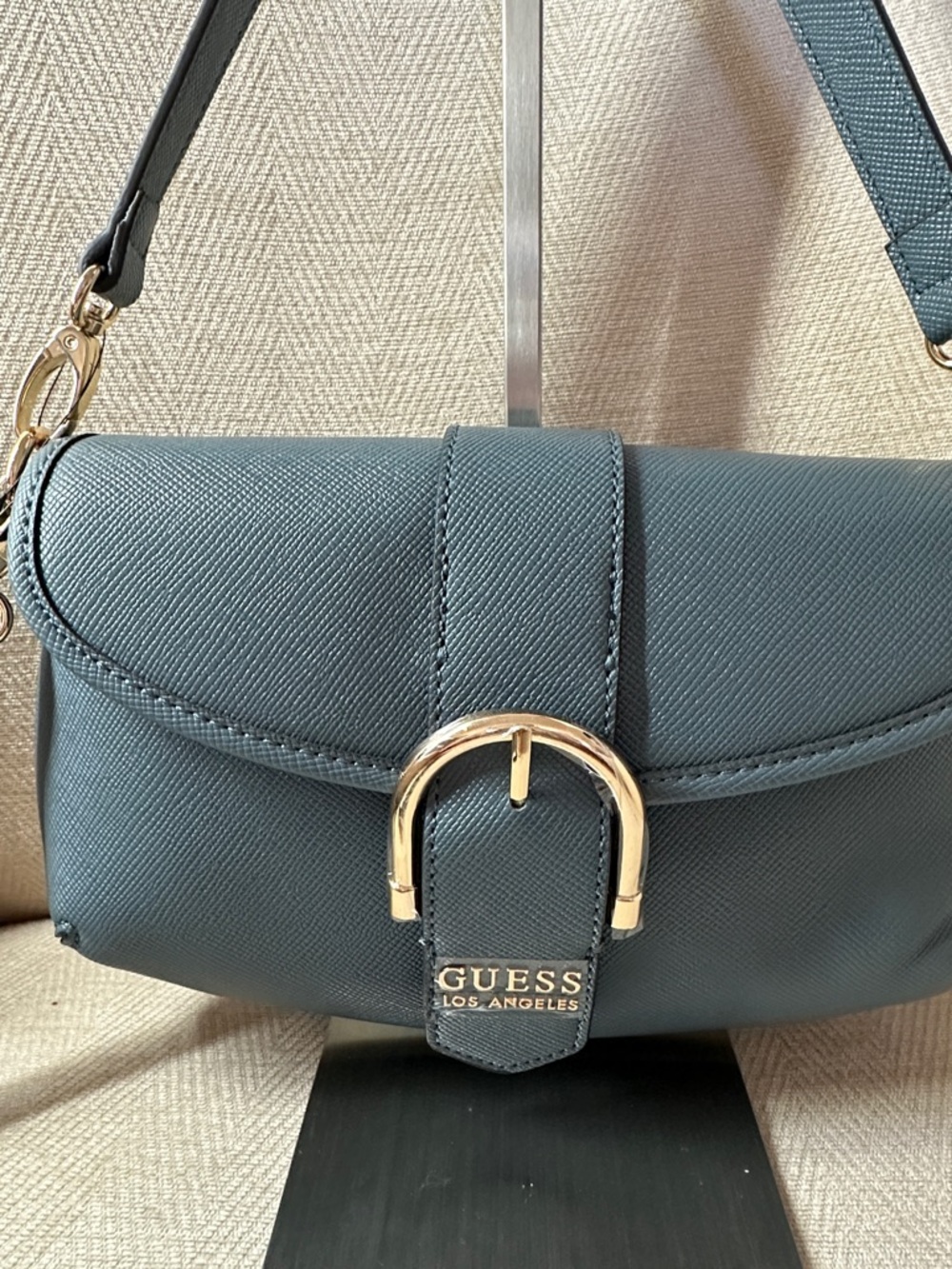 Guess Dark Denim Color Crossbody Saddle Bag with Gold Hardware - Picture 4 of 10